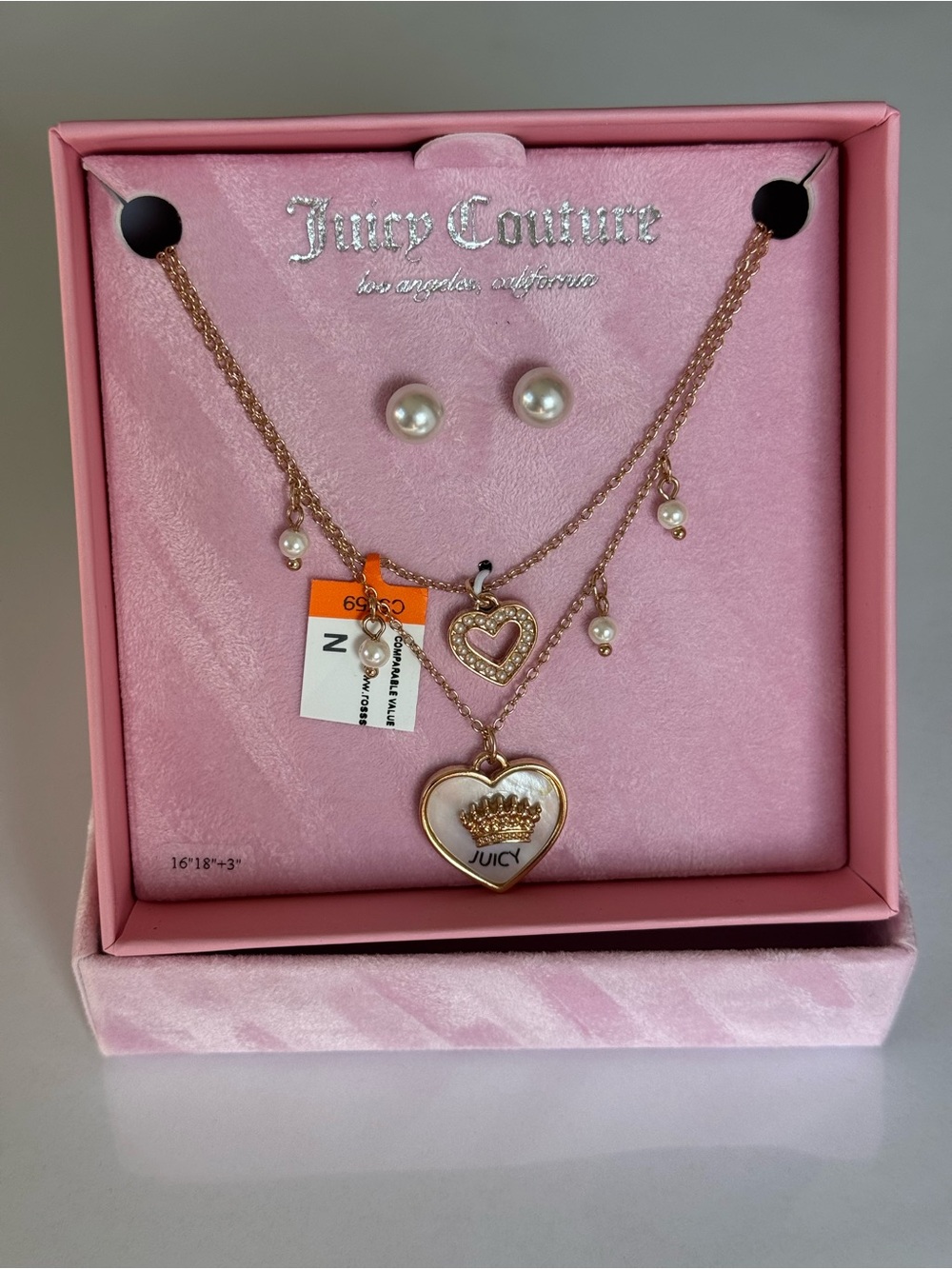 Juicy Couture Heart Necklace & Pearl Stud Earrings Set NWT